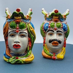 Handmade Sicilian Ceramica di Caltagirone Moorish Heads in Emiri Style - Mediterranean Ceramic Sculptures for Home Decor