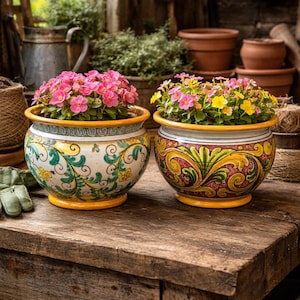May include: Two decorative ceramic flower pots with colorful floral designs. One pot has pink flowers, the other has yellow flowers. The pots sit on a rustic wooden table, suggesting a garden or outdoor setting.