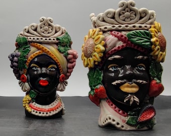 Ceramica di Caltagirone Sicilian Moorish Heads - Handcrafted Mediterranean Art Sculpture in Italian Pottery