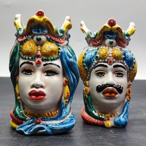Handmade Sicilian Ceramica di Caltagirone Moorish Heads in Emiri Style - Mediterranean Ceramic Sculptures for Home Decor
