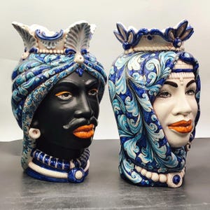 Handcrafted Ceramica di Caltagirone - Sicilian Africane Moorish Heads  - Unique Italian Pottery Sculpture