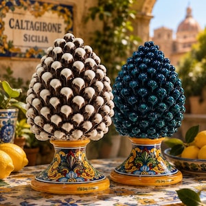 Puede incluir: Dos esculturas de cerámica con forma de piña, una marrón y blanca, la otra verde azulado, se asientan sobre bases amarillas ornamentadas. Las bases presentan diseños florales coloridos. El fondo incluye un letrero que dice "CALTAGIRONE SICILIA".