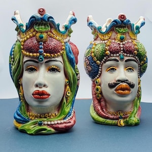 Handcrafted Ceramica di Caltagirone - Sicilian  Moorish Heads - Unique Italian Pottery Sculpture