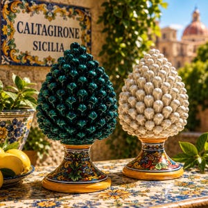 Puede incluir: Dos esculturas de cerámica con forma de piña, una verde azulado y otra blanquecina, sobre una mesa. Las esculturas tienen texturas detalladas y se asientan sobre bases ornamentadas con patrones florales amarillos y coloridos. El fondo incluye un letrero que dice "CALTAGIRONE SICILIA."