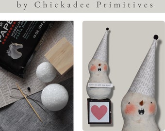 Clay Valentine Snowman assemblage tutorial by Chickadee Primitives PDF Tutorial ONLY