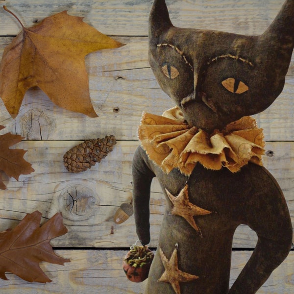 Primitive Halloween Fall Cat Doll Pattern with Clay Jack-o-lantern and Stars ETSYFOLK