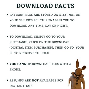 May include: A white background with the text "DOWNLOAD FACTS" and bullet points explaining digital download instructions. A decorative rabbit figure is in the bottom right corner. The text explains how to download files and refund policies.