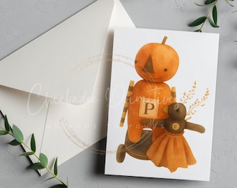 Cute Primitive Greeting Card Download Pumpkin Boy with Crow PDF