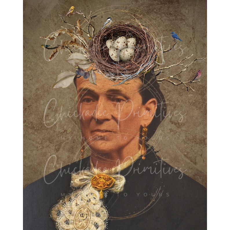 Printable Primitive Farmhouse Portrait Altered Bird Portrait Early Woman with Bird's nest hat by Chickadee Primitives image 2