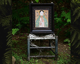 Original Mixed Media Portrait "In the Garden" Framed by Chickadee Primitives