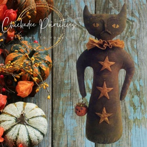 Primitive Halloween Fall Cat Doll Pattern with Clay Jack-o-lantern and Stars ETSYFOLK