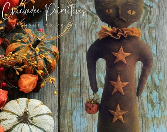 Primitive Halloween Fall Cat Doll Pattern with Clay Jack-o-lantern and Stars ETSYFOLK