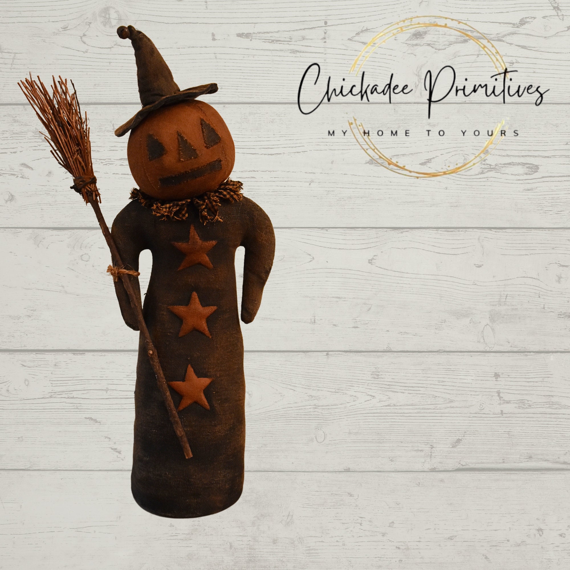 Primitive Halloween Pumpkin Head Witch doll with Puffy Stars DIGITAL PATTERN by Chickadee Primitives