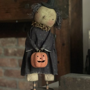 Primitive Farmhouse Fall Witch doll Tessa w JACK-O-LANTERN  Digital Pattern only!