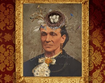 Printable Primitive Farmhouse Portrait Altered Bird Portrait Early Woman with Bird's nest hat by Chickadee Primitives