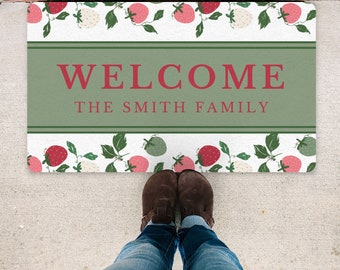 Personalized Doormat, Doormat with Strawberry Pattern, Custom Text or Name Mat, Make Your Own Doormat, Housewarming Gift