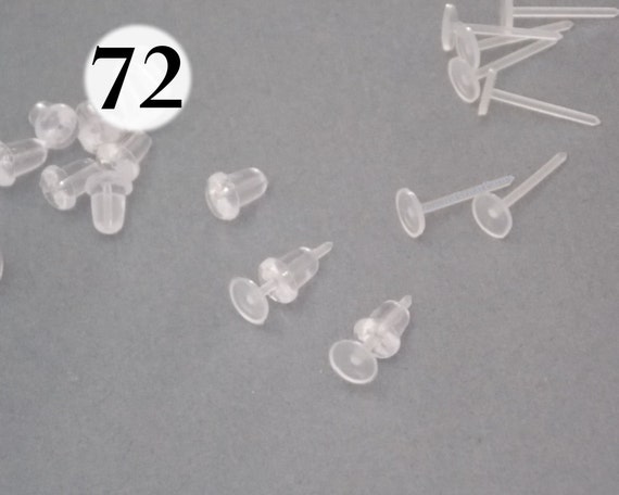 72 Plastic Post Earring Findings, Clear Plastic Studs w/ Backs, makes 36  pairs of earrings, piercing retain…