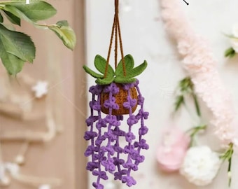 1 PCS - Handmade Crochet Purple Flower Wisteria Hanging Car Accessories, Boho Rearview Mirror Charm, Cute Plant Lover Gift For Women, Kids