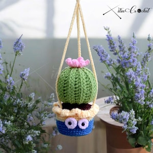 May include: A crocheted hanging cactus plant with a pink flower, green body, and blue pot with googly eyes. The cactus is hanging from a cream-colored string.