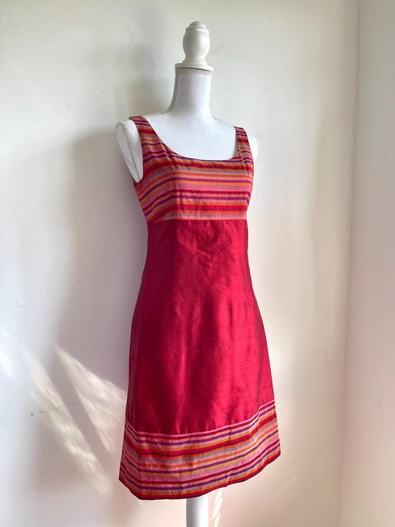 Cacharel, Cacharel Vintage dress of the 90s. Silk shantung 100% M 38 small red striped sleeveless