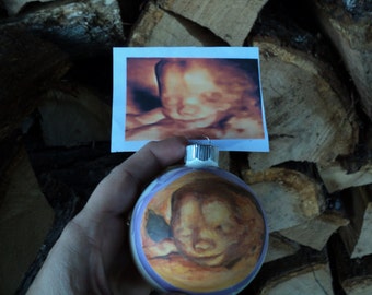 Custom hand painted baby's first Christmas ornament with sonogram photo ultrasound photo glass or shatterproof