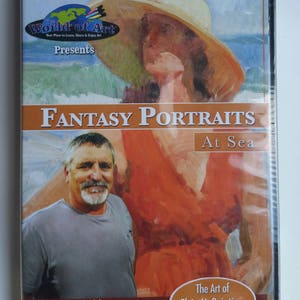 May include: DVD cover featuring a painting of a woman with a straw hat, wearing a red dress, and a man with a beard. The title of the DVD is "Fantasy Portraits At Sea" and the artist is Don Hatfield. The DVD is recommended for all skill levels and features the art of plein air painting indoors.