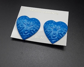 Vintage 80s Blue Heart Metal Earrings, Hearts Jewelry, New 1980s NOS
