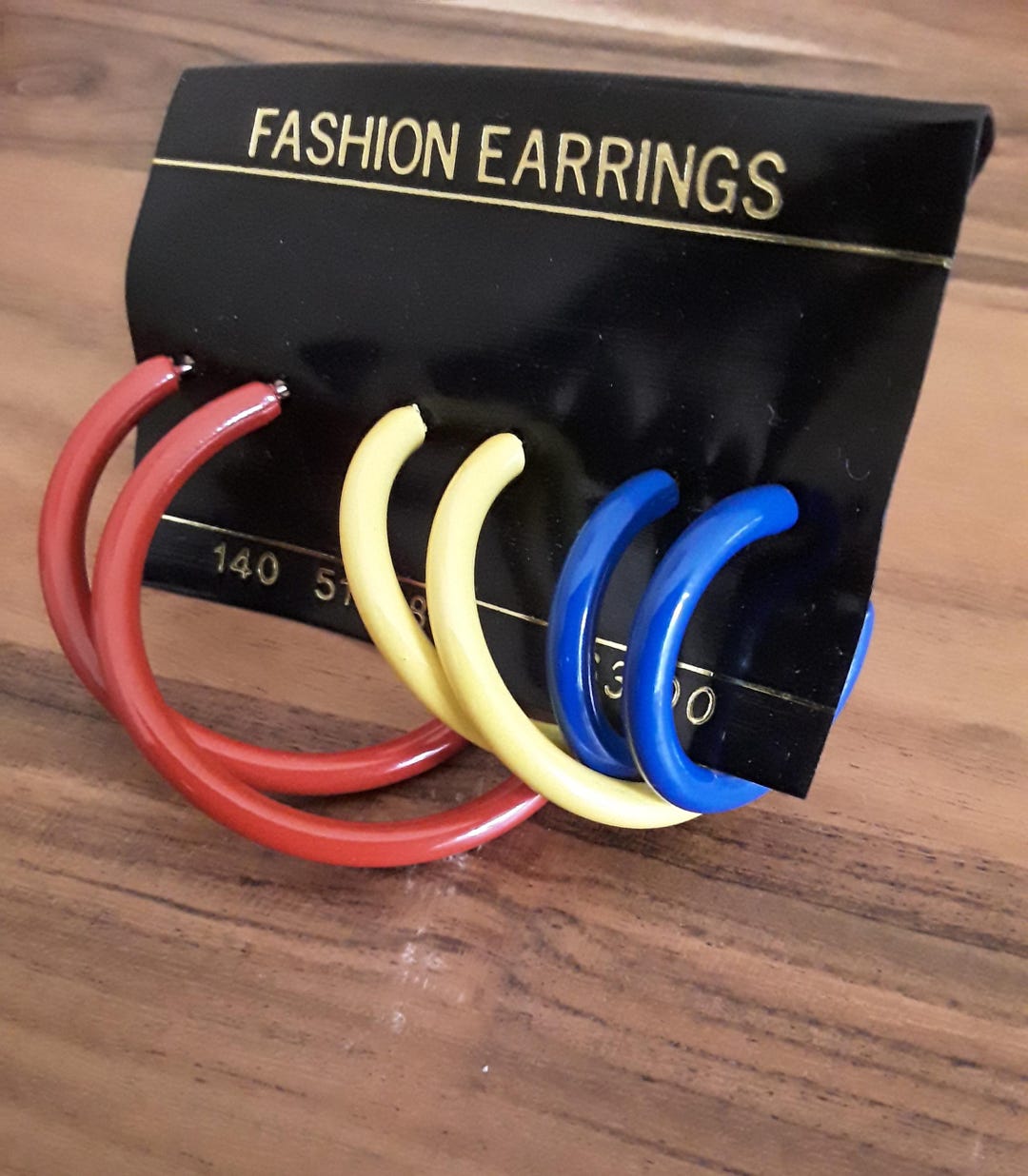 Vintage 80s Trio Hoop Earrings, Primary Colors 1980s Stock Jewelry