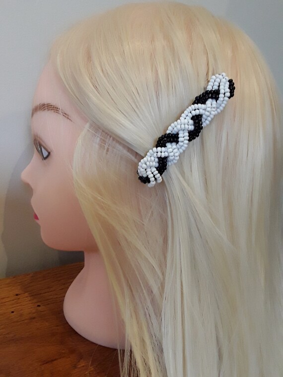 Vintage 80s Seed Bead Hair Clip, Black and White … - image 3
