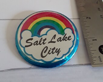 Vintage 1990s Rainbow Salt Lake City, 90s Foil Pinback, Pin, Utah Souvenir Button