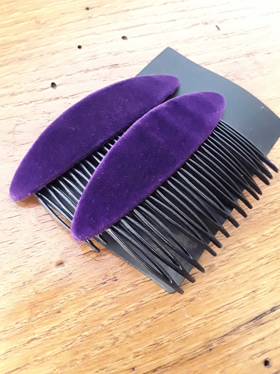 Vintage 90s Hair Comb Clips, 80s Purple Velvet, 1… - image 1