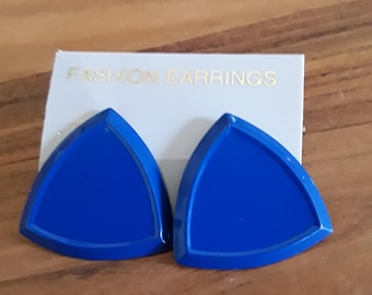Vintage 80s Blue Triangle Earrings, Deadstock Jewelry NOS 1980s
