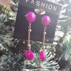 Vintage 90s, Hot Pink Earrings Fat Heart & Circle 1990s Jewelry NOS