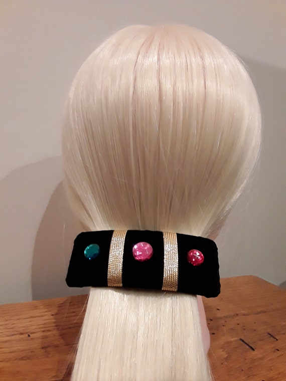 Vintage 90s Hair Clip, 80s Black Velvet with 3 Ac… - image 2