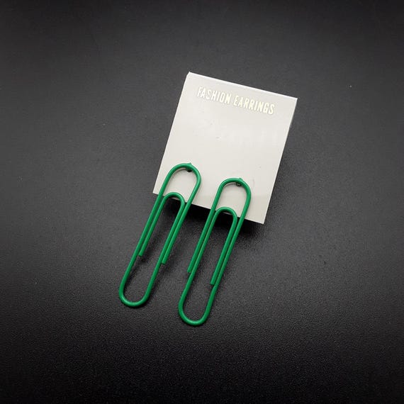 Vintage 90s Paper Clip Green Earrings, 1990s Stock Jewelry, Clips