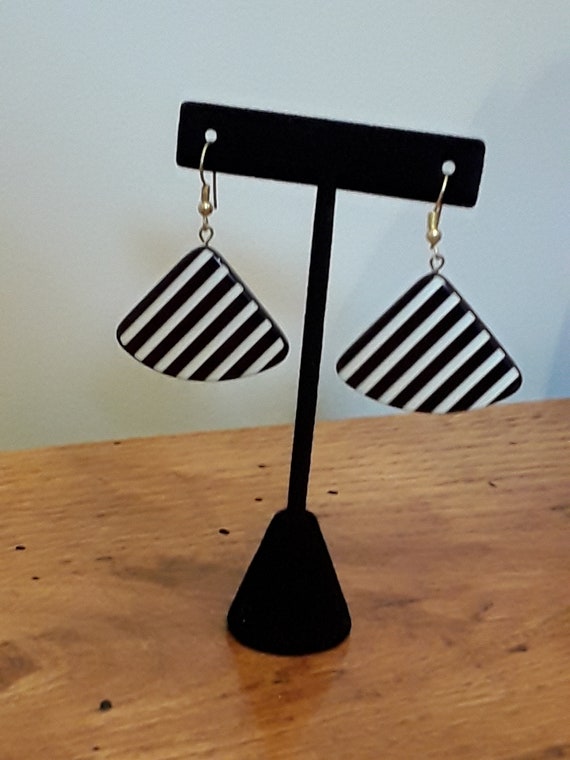 Vintage 80s Brown & White Striped Triangle Earrin… - image 2