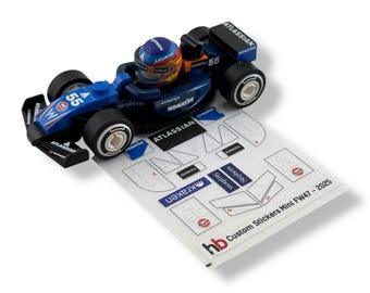May include: A blue and black toy race car with the number 55 on the side, a driver in a helmet, and a sheet of custom stickers. The car has sponsor logos and the text "ATLASSIAN".