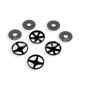 May include: A set of eight black and gray plastic wheels. The wheels have a five-spoke design and are arranged in a circle on a white background.
