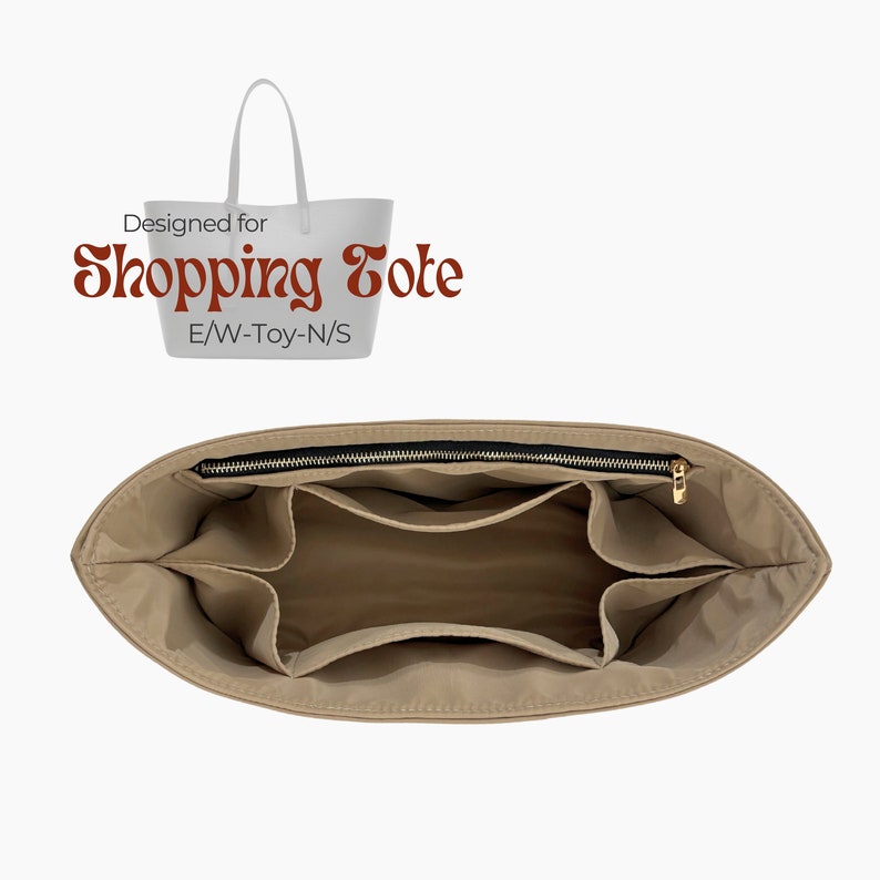 May include: Beige tote bag organizer with multiple compartments and a zipper closure. Designed for Shopping Tote E/W-Toy-N/S.