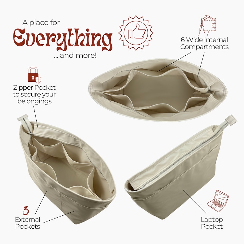 K&ouml;nnte beinhalten: Beigefarbene Canvas-Organizer mit sechs Innenf&auml;chern, einer Rei&szlig;verschlusstasche und drei Au&szlig;entaschen. Der Organizer ist so konzipiert, dass er in eine gr&ouml;&szlig;ere Tasche passt und die Gegenst&auml;nde ordentlich aufbewahrt werden k&ouml;nnen. Der Text "A place for Everything... and more!" ist auf dem Bild zu sehen.