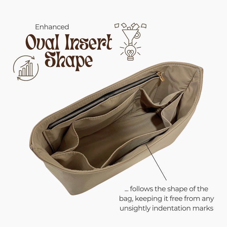 May include: A beige fabric bag insert with multiple compartments and a zipper closure. The insert is designed to fit the shape of a bag, preventing unsightly indentations.