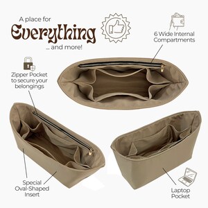 May include: A beige organizer insert for a handbag with six compartments, a zippered pocket, and a special oval-shaped insert. The text "A place for Everything... and more!" is at the top of the image.