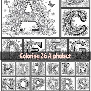 Floral Alphabet Coloring Pages A-Z: Hand-Drawn Botanical Letters (Instant Download Printable)