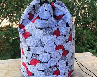 Sheep drawstring bag for large knitting or crochet projects like an afghan or blanket, with grab strap, Skeins of Sheep, The Alpaca