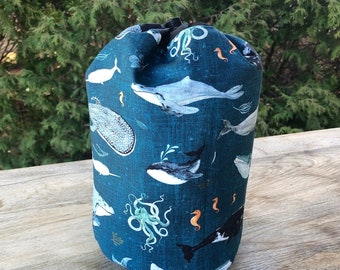 Round knitting or crochet project bag, reusable gift bag, Mahjong, Scrabble, Rummikub tile bag, Whale Tales, Suebee