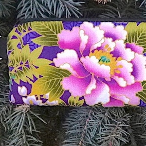 Japanese flowers padded zippered glasses case with d-ring, Peonies on Purple, The Spex