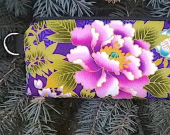 Japanese flowers padded zippered glasses case with d-ring, Peonies on Purple, The Spex