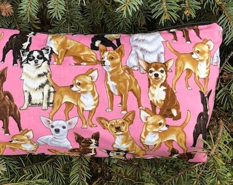 Chihuahuas mahjong tiles bag, cosmetics pouch, knitting notions pouch, Niddy Noddy pouch, The Large Zini