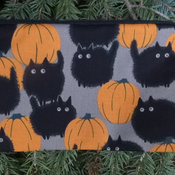 Black cat pencil case, knitting notion pouch, zippered bag, crochet hook case, Belinda's Big Kitty, pick your color, The Deep Scribe