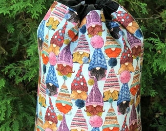 Gnomes drop spindle padded drawstring bag, case for drop spindle, Hattie Gnomes, The Spinny